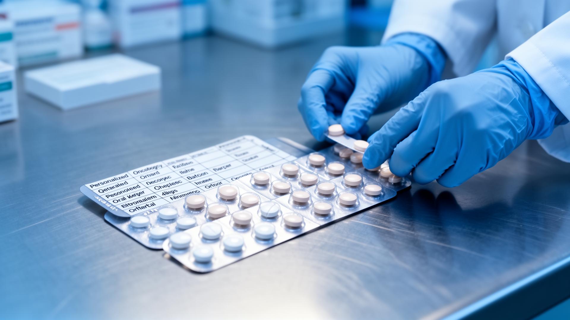 Farmacêutica organizando blister de terapia oral em embalagem personalizada